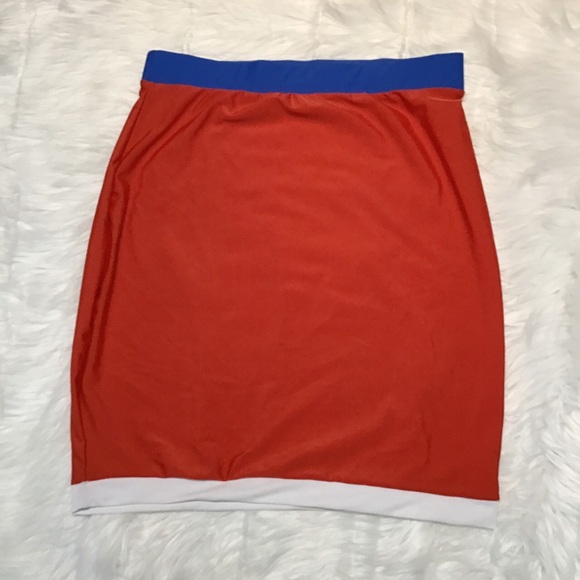 Women’s Red with Blue Gartered Waistband White Hem Straight Cut Skirt - Picture 3 of 4